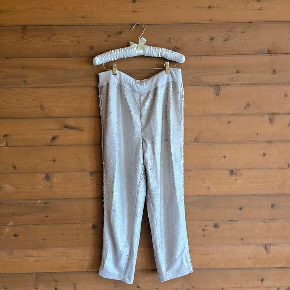 Anthropologie Hei Hei Cream Gold Sequin Pant Large Holiday NYE Pull On Bottom - Picture 2 of 7